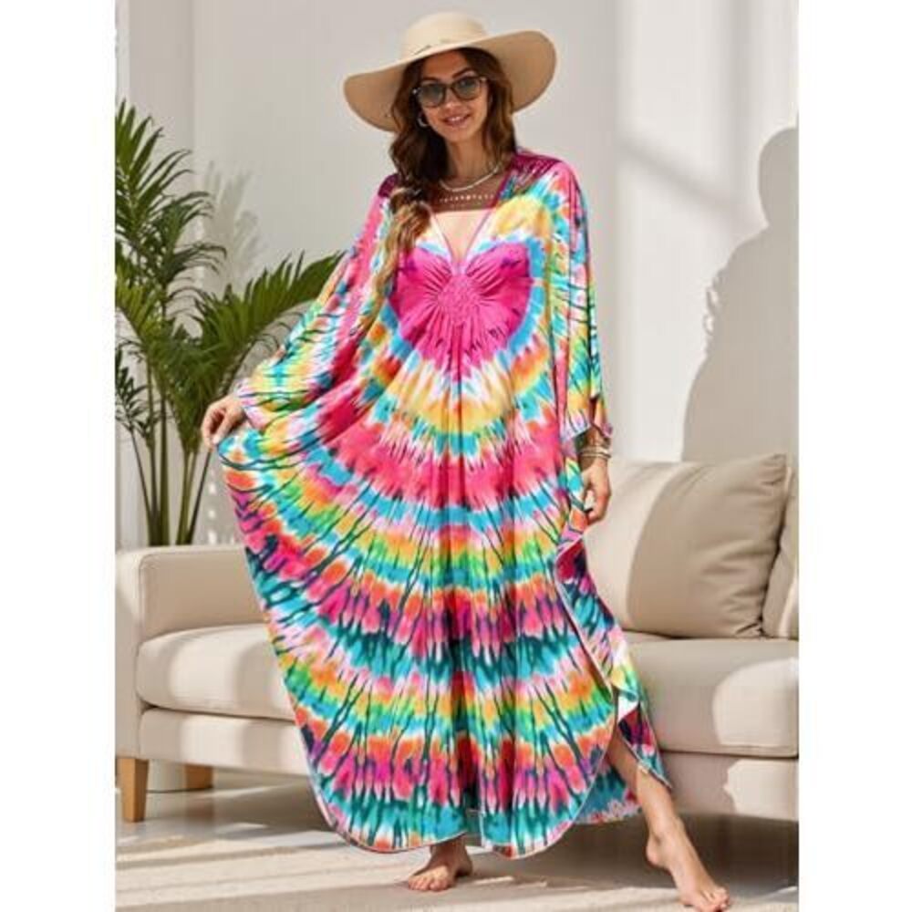 Boho Kaftan Plus Size Dress For Women, Batwing Sleeve Beach Cover Up, Casual - Picture 3 of 5